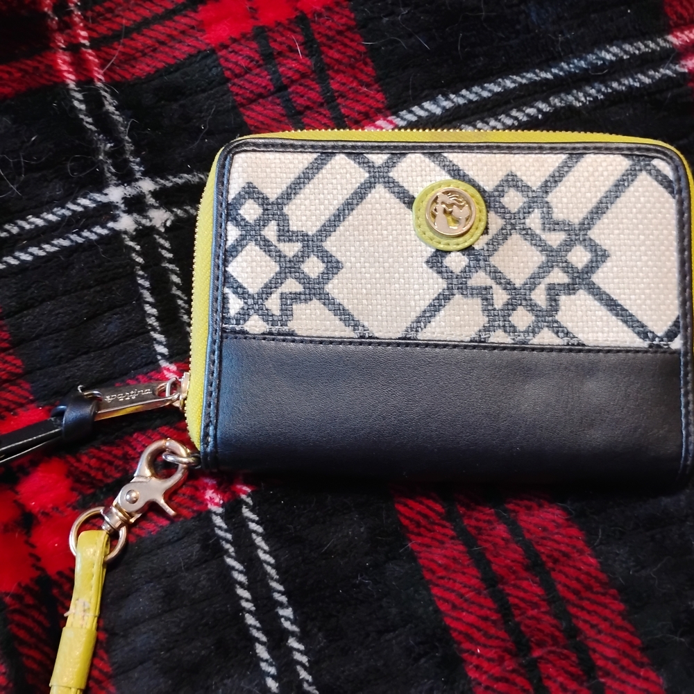 Spartina 449 linen and leather wristlet wallet with a black and white geometric